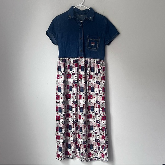 Dresses & Skirts - Vintage 90s Denim Patchwork Midi Dress | Cottagecore Western Prairie Style 🔲